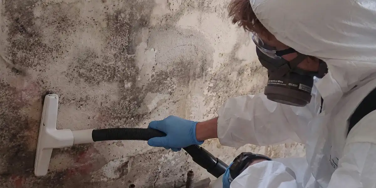 professional mold removal technician wearing protective equipment removing mold from a wall in Albany, NY